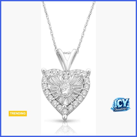Rhodium Plated Sterling Silver Diamond Heart Pendant Necklace